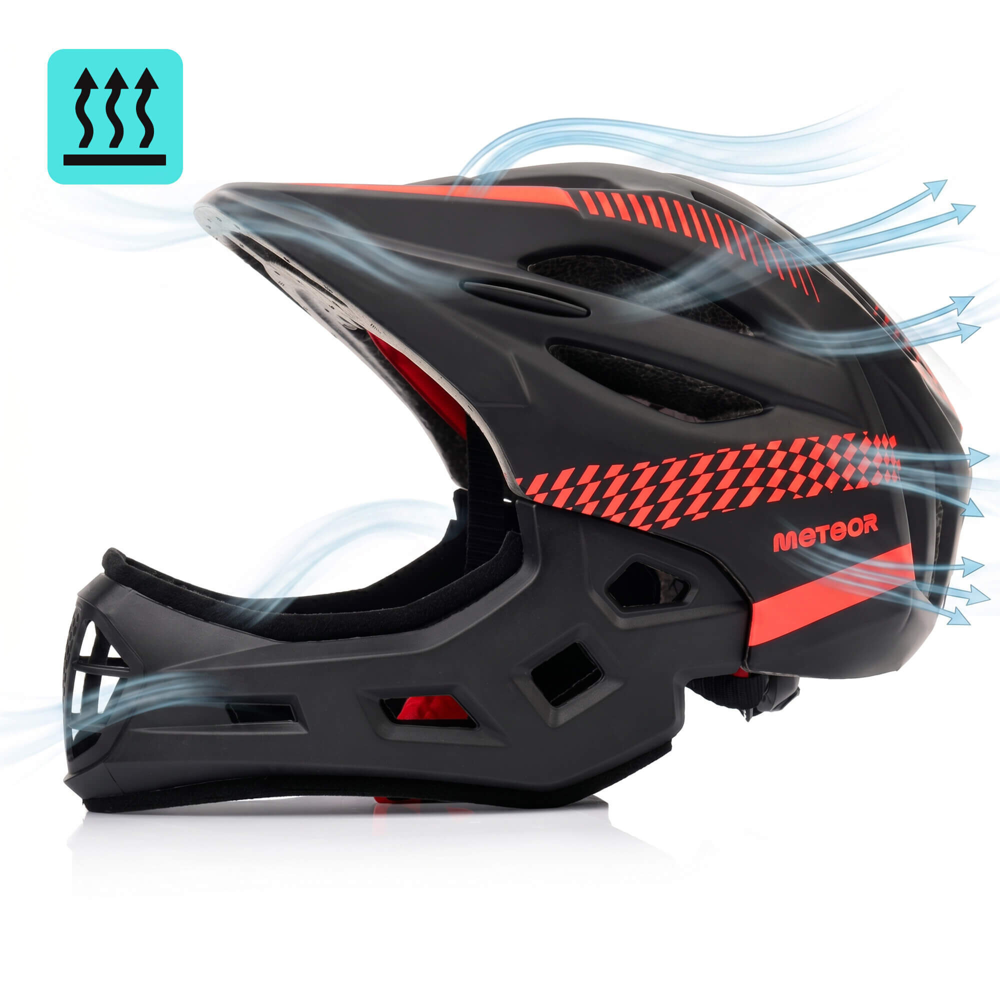 Czarny i czerwony kask rowerowy full-face z widocznymi otworami wentylacyjnymi i napisem \'METEOR\'. Obok kasku znajduje się ikona z trzema strzałkami wskazującymi przepływ powietrza.