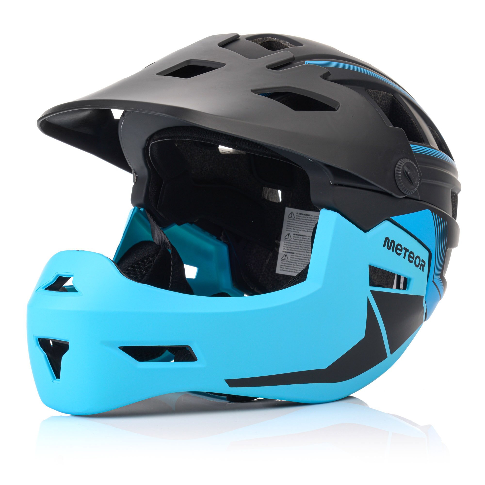 Kask rowerowy full-face w kolorze czarno-niebieskim z widocznym logo \'meteor\'. Kask posiada otwory wentylacyjne i osłonę na szczękę.