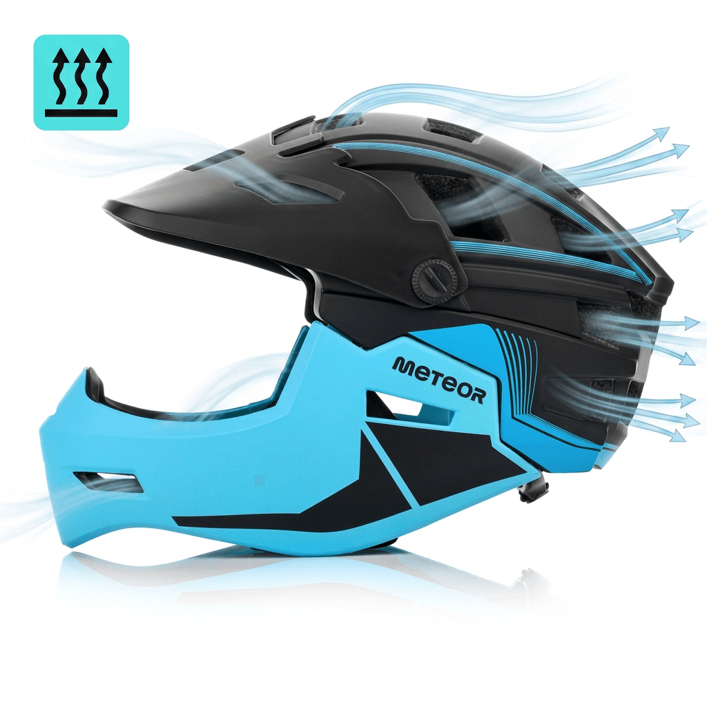 Kask rowerowy full-face w kolorze czarno-niebieskim z widocznym logo \'METEOR\'. Obok kasku znajduje się ikona z trzema strzałkami skierowanymi w górę, sugerująca wentylację.