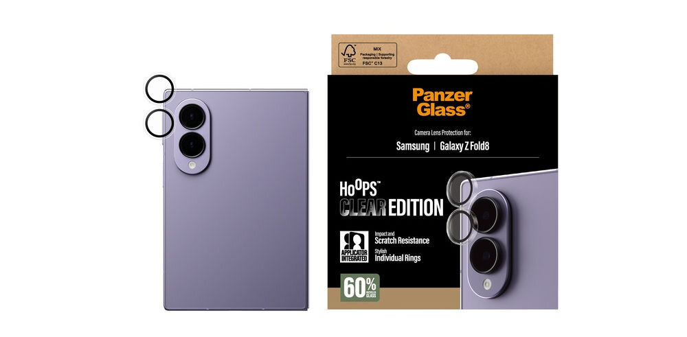 Obraz przedstawia opakowanie szkła hartowanego PanzerGlass Hoops Lens do Samsung Galaxy Z Fold 8 oraz telefon z nałożonym szkłem na obiektywy. Na opakowaniu widnieje napis: \'PanzerGlass\', \'Camera Lens Protection for: Samsung | Galaxy Z Fold8\', \'HoOPS CLEAR EDITION\', \'Scratch Resistance\', \'Individual Rings\', \'60%\'.