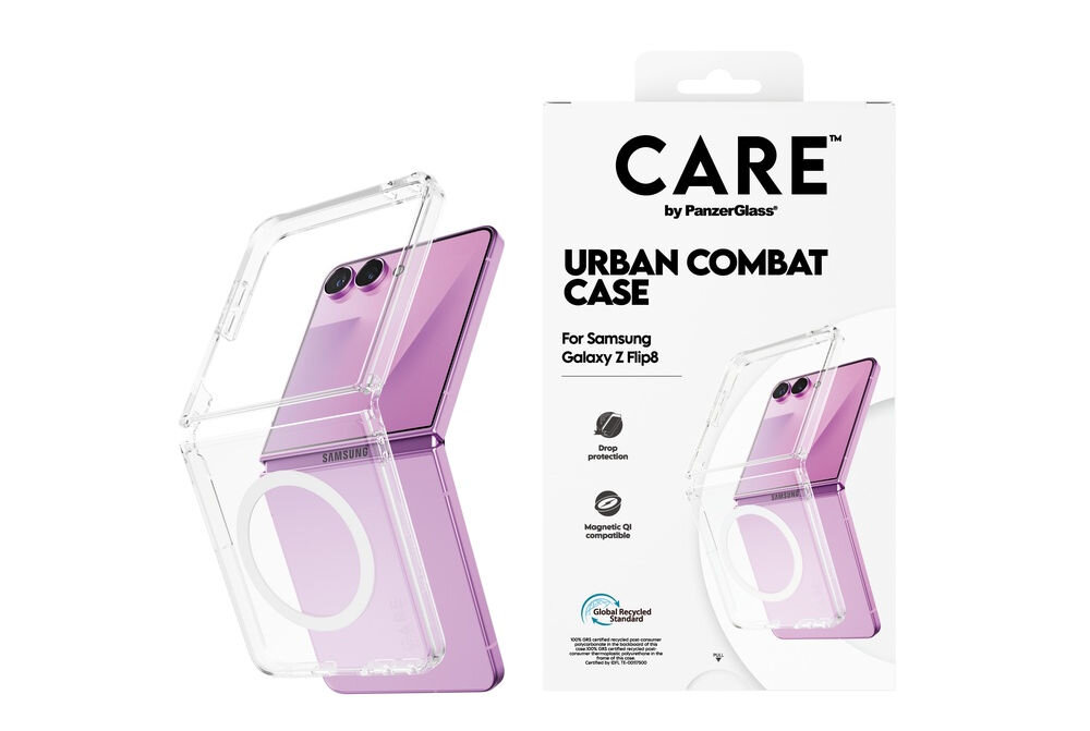 Obraz przedstawia przezroczyste etui na telefon Samsung Galaxy Z Flip 8 oraz opakowanie z napisem \'CARE by PanzerGlass Urban Combat Case For Samsung Galaxy Z Flip8\'. Etui jest pokazane na fioletowym telefonie, a na opakowaniu widoczne są ikony \'Drop protection\' i \'Magnetic QI compatible\'.