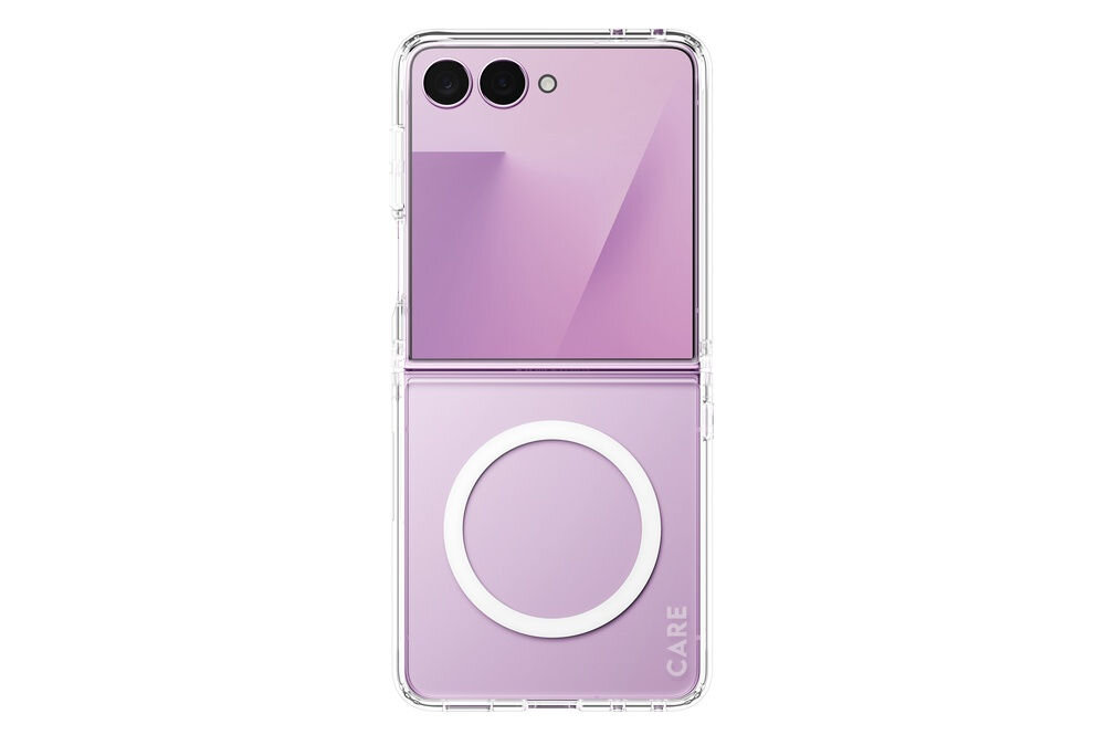 Przezroczyste etui na telefon z widocznym napisem \'CARE\' na dolnej części. Telefon ma fioletowy kolor z dwoma obiektywami aparatu.