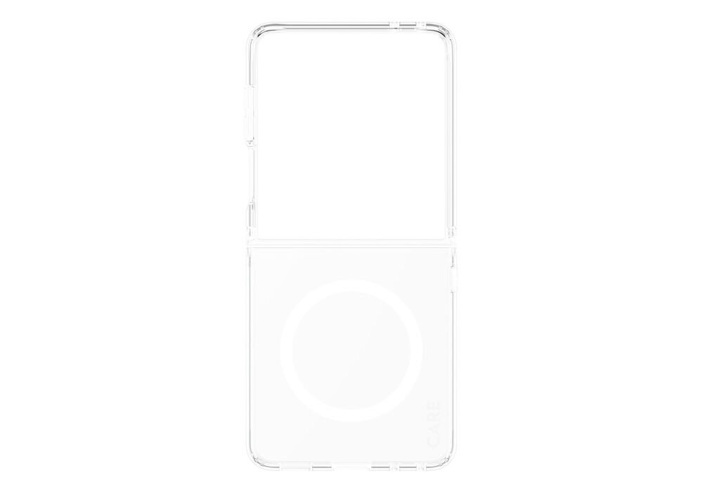 Przezroczyste etui do telefonu z widocznym okrągłym wzorem na dolnej części. Na etui znajduje się napis \'CARE\'.