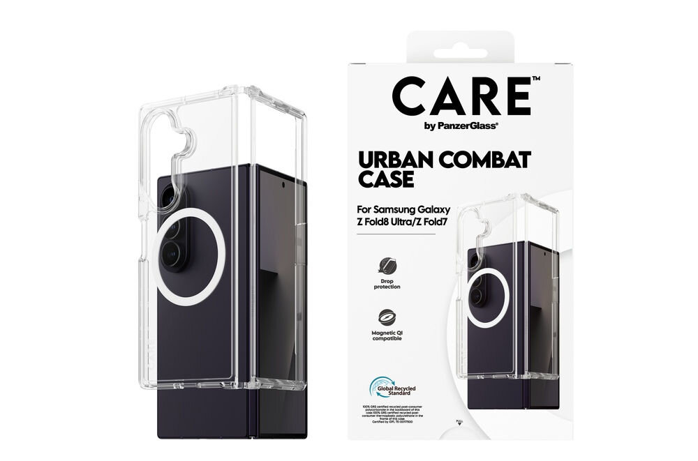 Obraz przedstawia przezroczyste etui na telefon oraz jego opakowanie z napisem \'CARE by PanzerGlass URBAN COMBAT CASE For Samsung Galaxy Z Fold8 Ultra/Z Fold7\'.