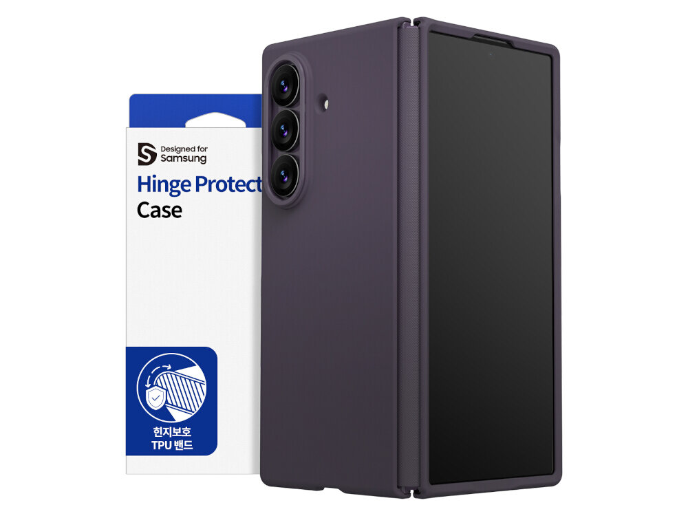 Na obrazie widoczne jest fioletowe etui na telefon z trzema otworami na aparaty. Obok znajduje się opakowanie z napisem \'Designed for Samsung Hinge Protector Case\'.
