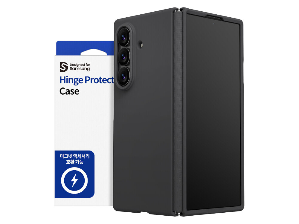 Czarne etui na telefon z trzema widocznymi obiektywami aparatu, obok opakowanie z napisem \'Designed for Samsung Hinge Protect Case\'.