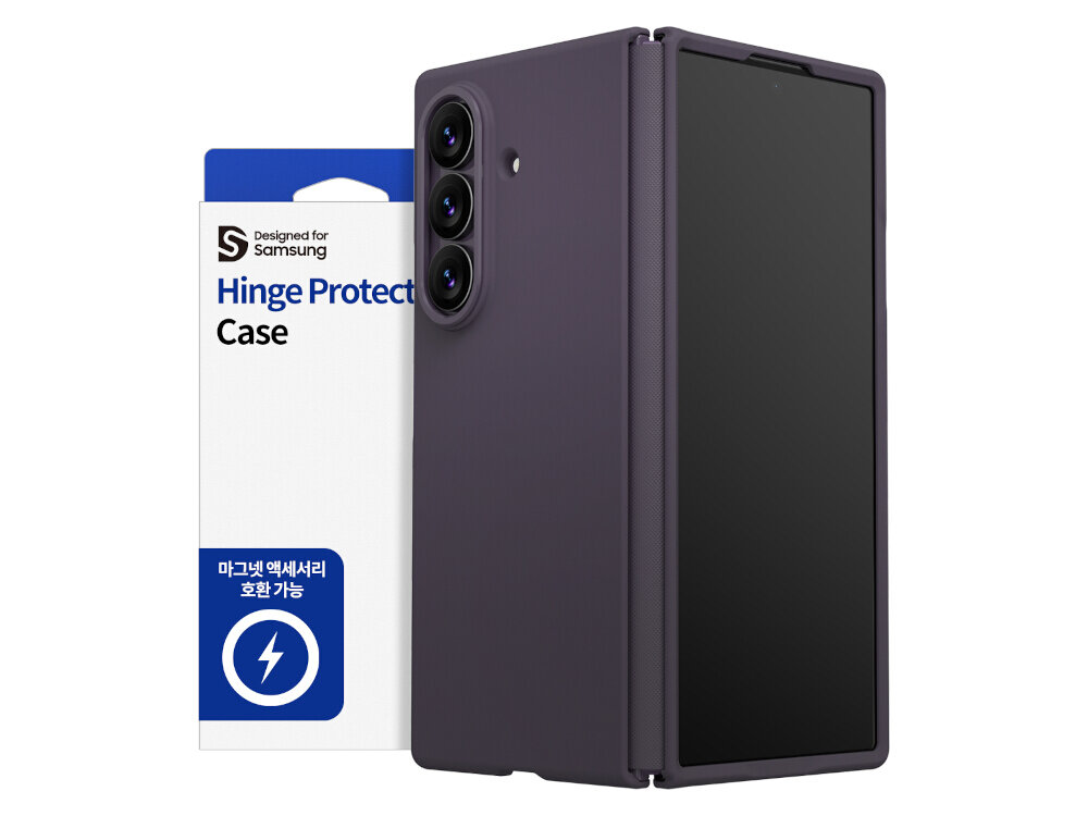 Fioletowe etui na telefon z trzema widocznymi obiektywami aparatu, obok opakowanie z napisem \'Designed for Samsung Hinge Protect Case\'.