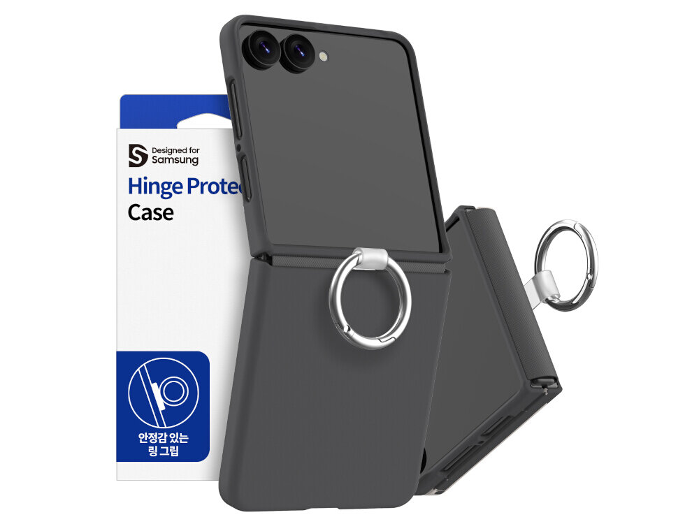 Czarne etui z metalowym pierścieniem na telefon, obok opakowanie z napisem \'Designed for Samsung Hinge Protector Case\'.