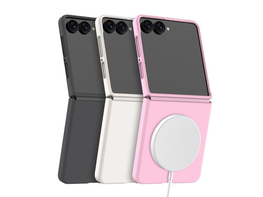 Na obrazie widoczne są trzy etui do telefonu w kolorach czarnym, kremowym i różowym, każde z okrągłym elementem na tylnej części. Etui mają wycięcia na aparat i przyciski boczne.