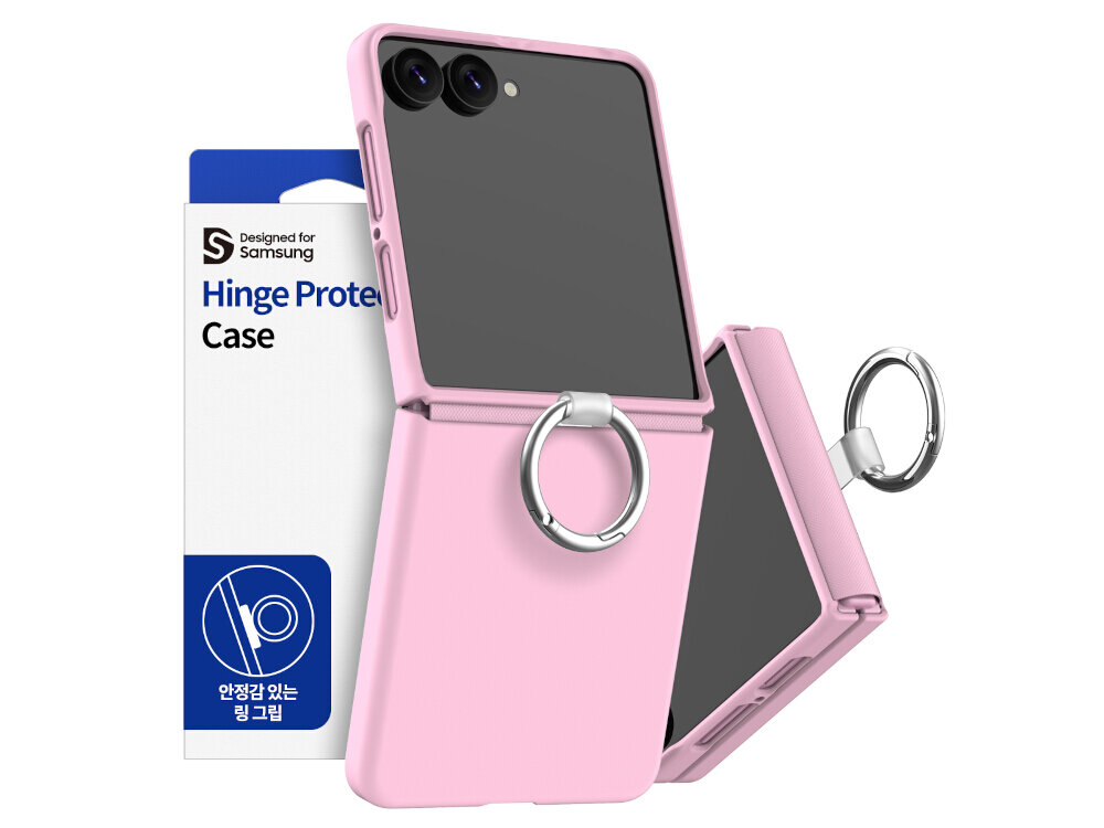 Różowe etui z pierścieniem do telefonu, obok opakowanie z napisem \'Designed for Samsung Hinge Protection Case\'.