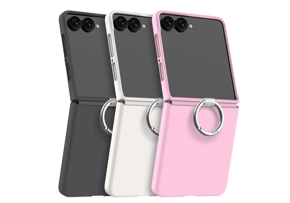 Trzy etui na telefon w kolorach czarnym, białym i różowym, każde z metalowym pierścieniem na tylnej części. Etui są przeznaczone do składanych telefonów z widocznymi aparatami fotograficznymi.