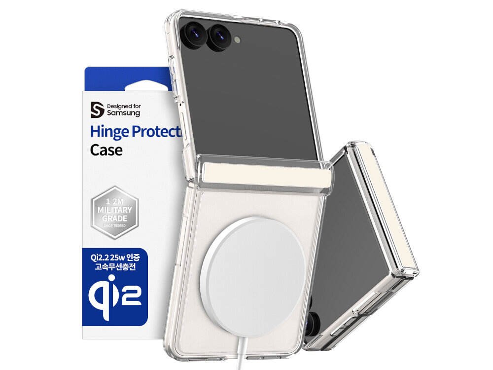 Obraz przedstawia przezroczyste etui na telefon z funkcją ochrony zawiasu, z widocznym logo \'Designed for Samsung\'. Obok znajduje się opakowanie z napisem \'Hinge Protect Case\' oraz oznaczeniem \'Qi2.2 25w 인증 고속무선충전\'.