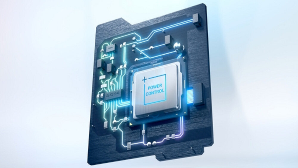 Obraz przedstawia schemat elektroniczny z centralnym elementem oznaczonym jako \'POWER CONTROL\'. Widoczne są ścieżki i komponenty elektroniczne na ciemnym tle.