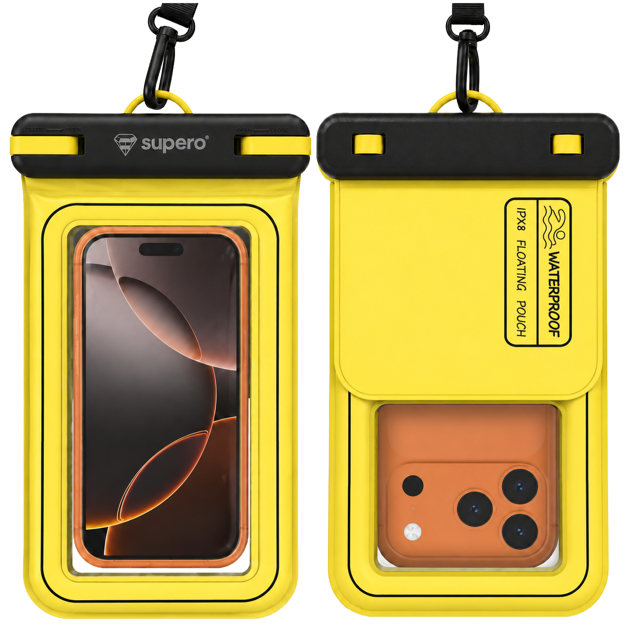 Na obrazie widoczne jest żółte etui wodoodporne z przezroczystym frontem, w którym znajduje się telefon. Na etui widnieje tekst: \'supero\' oraz \'IPX8 FLOATING POUCH WATERPROOF\'.