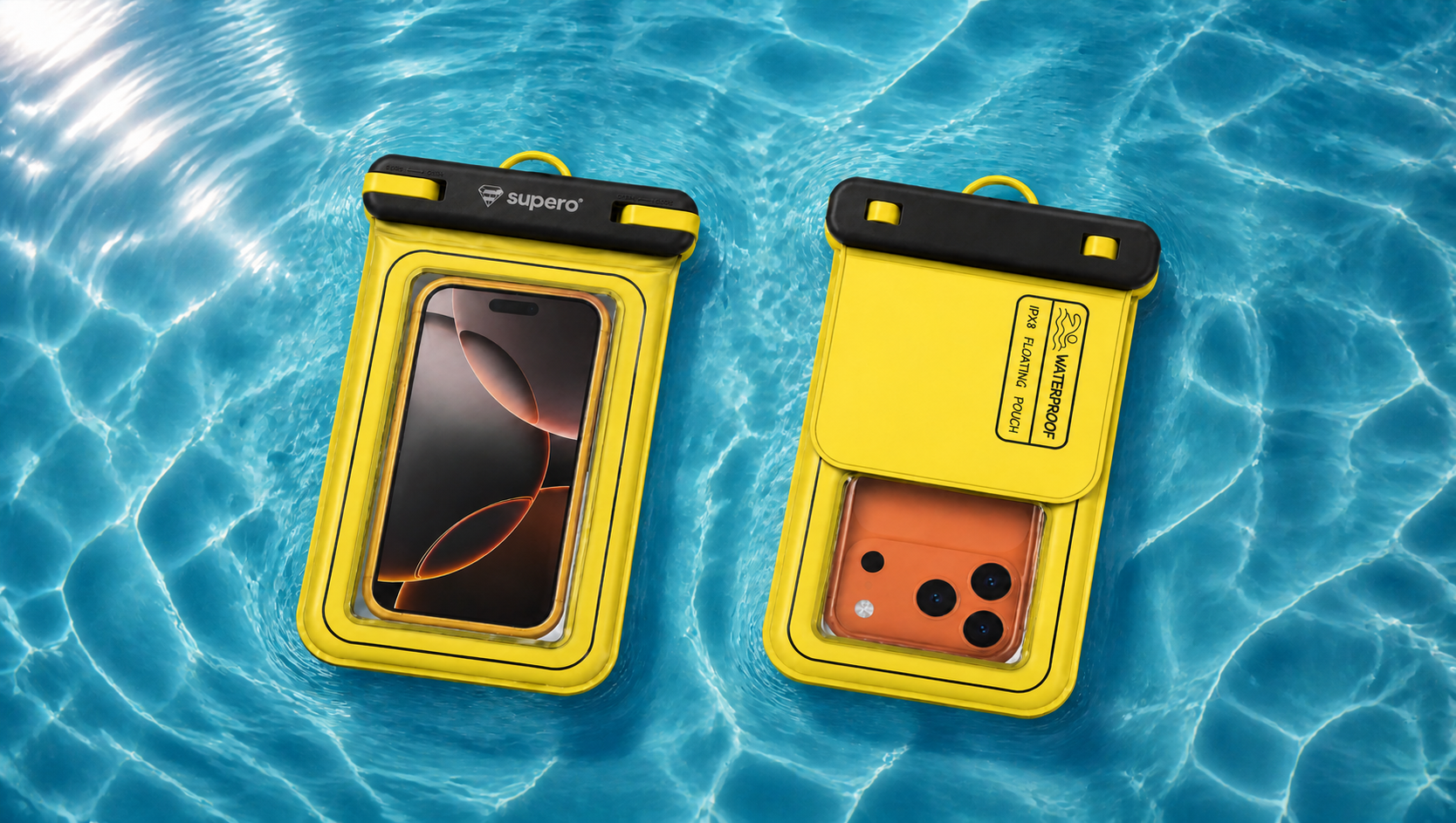 Dwa żółte etui wodoodporne z telefonami w środku unoszą się na wodzie. Na jednym z etui widoczne jest logo \'supero\' oraz napis \'IPX8 Waterproof\'.