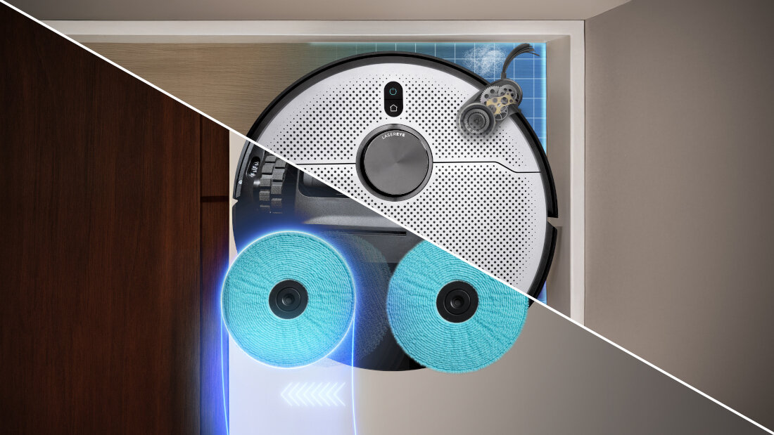 Robot sprzątający CECOTEC Conga X100 zdjęcie lifestyle Moc ssania kurz, okruchy, sierść oraz inne codzienne zanieczyszczenia z podłóg Szczotka boczna z okolic ścian, listew i narożników