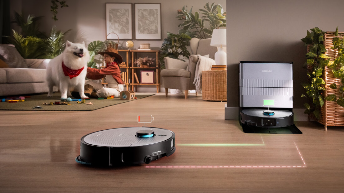 Robot sprzątający CECOTEC Conga X100 zdjęcie lifestyle Długie sprzątanie Czas pracy sięgający około 180 minut czas ładowania