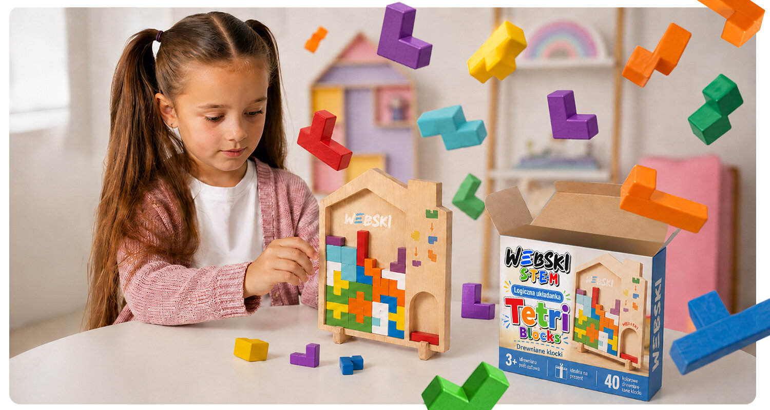 Dziewczynka bawi się drewnianą układanką z kolorowymi klockami w kształcie Tetris, obok znajduje się pudełko z napisem \'Webski Tetri Blocks\'.