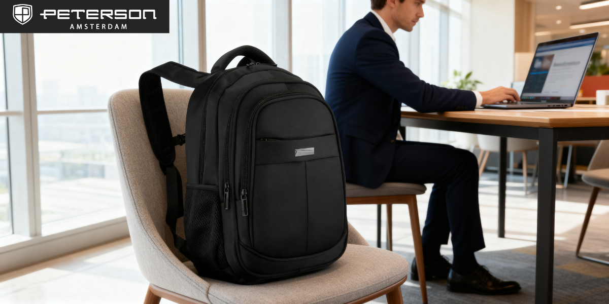 Czarny plecak na laptopa stoi na krześle w biurowym otoczeniu. W tle mężczyzna pracuje przy laptopie przy stole, a w lewym górnym rogu widoczne jest logo \'Peterson Amsterdam\'.
