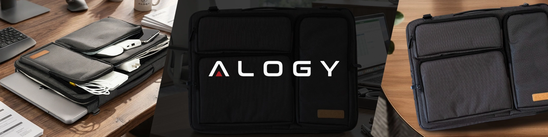 Obraz przedstawia czarną torbę na laptopa z kilkoma kieszeniami, w której znajdują się akcesoria elektroniczne. Na środku widoczne jest logo \'ALOGY\'.