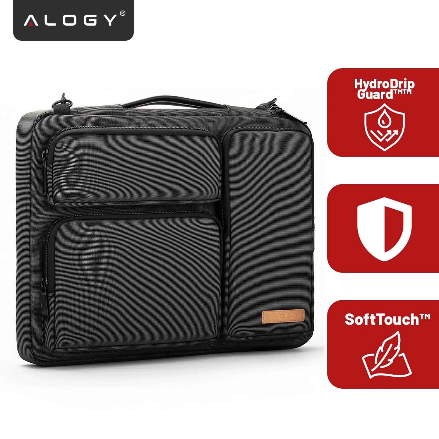 Czarna torba na laptopa z kilkoma kieszeniami i uchwytem, z logo \'ALOGY\'. Obok torby znajdują się ikony z napisami: \'HydroDrip Guard™\', \'SoftTouch™\'.