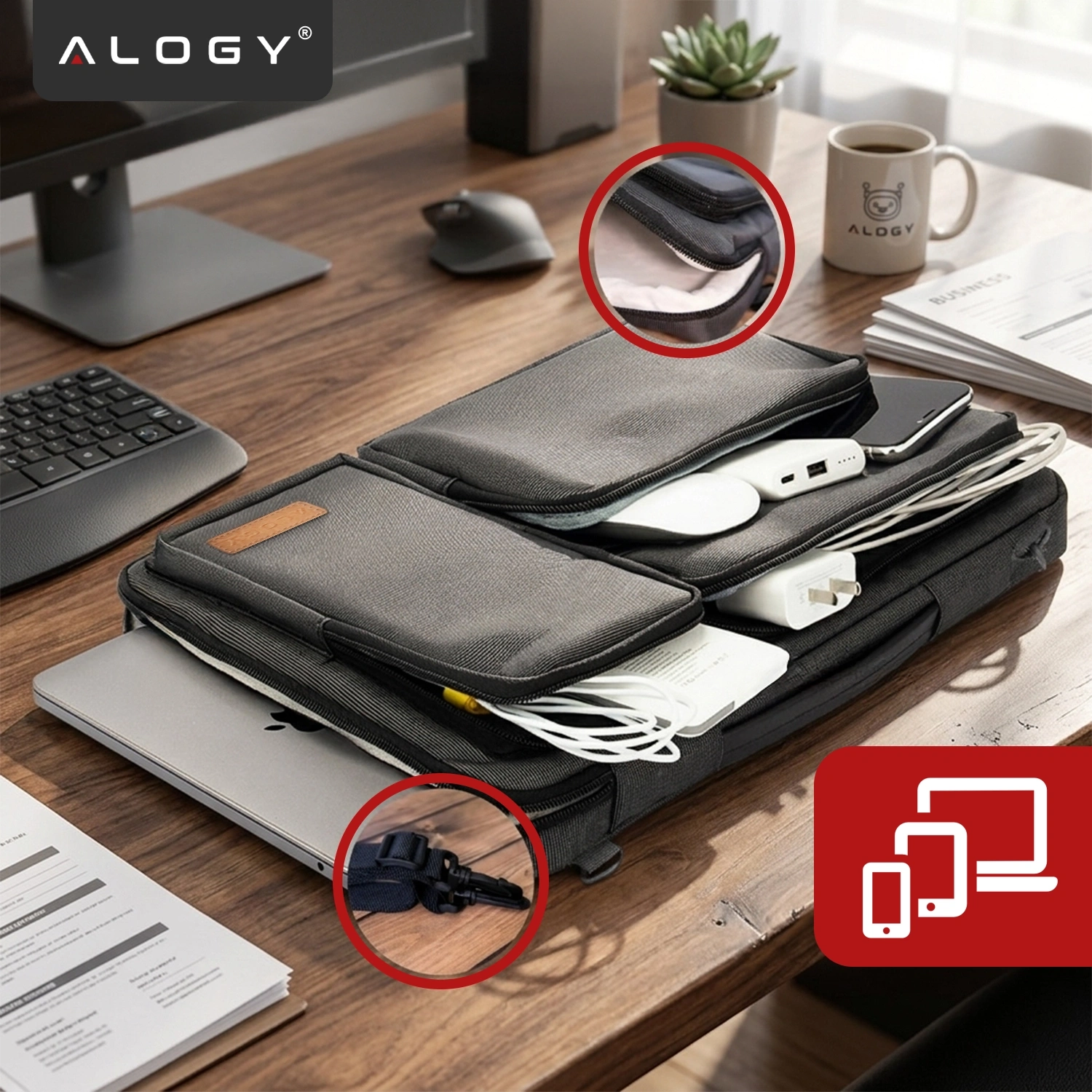 Na drewnianym biurku leży czarna torba na laptopa z kilkoma kieszeniami, w których znajdują się różne akcesoria elektroniczne. W lewym górnym rogu widoczne jest logo \'ALOGY\'.