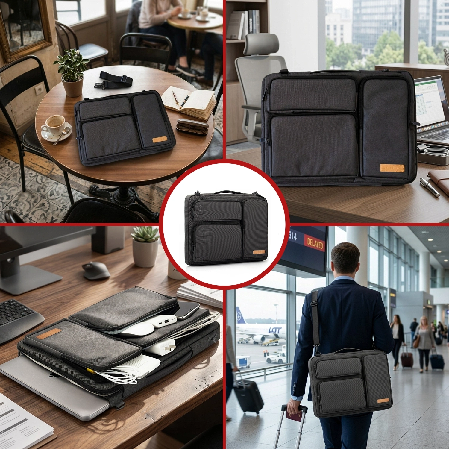 Na obrazie widoczna jest czarna torba na laptopa z kilkoma kieszeniami, umieszczona w różnych kontekstach, takich jak kawiarnia, biuro i lotnisko. Torba ma prosty design i pasek na ramię, a na jednym ze zdjęć widać ją wypełnioną akcesoriami elektronicznymi.