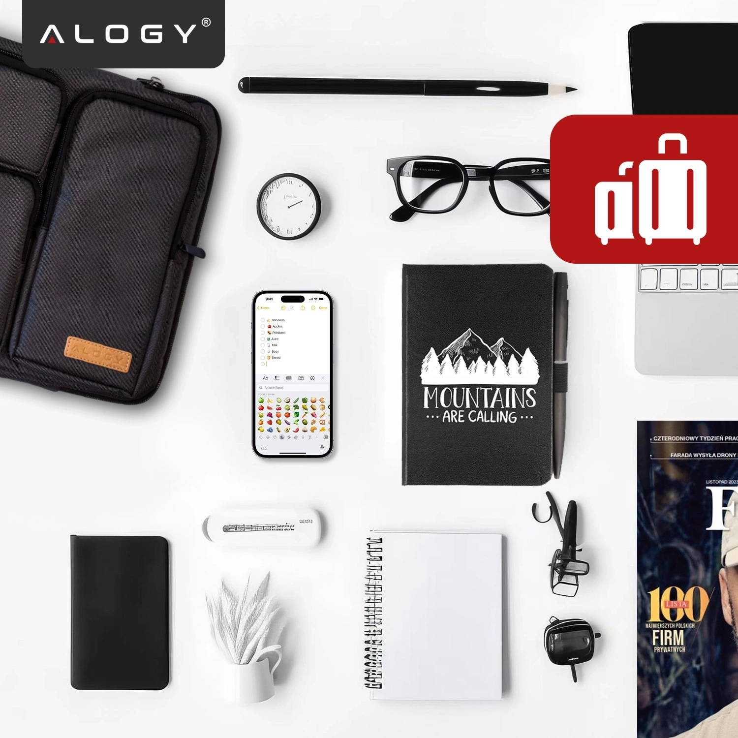 Na białym tle znajduje się czarna torba z logo \'ALOGY\', obok której leżą różne przedmioty, takie jak telefon, zegar, okulary, notes z napisem \'MOUNTAINS ARE CALLING\', długopis, oraz magazyn. W prawym górnym rogu widoczna jest czerwona ikona walizki.
