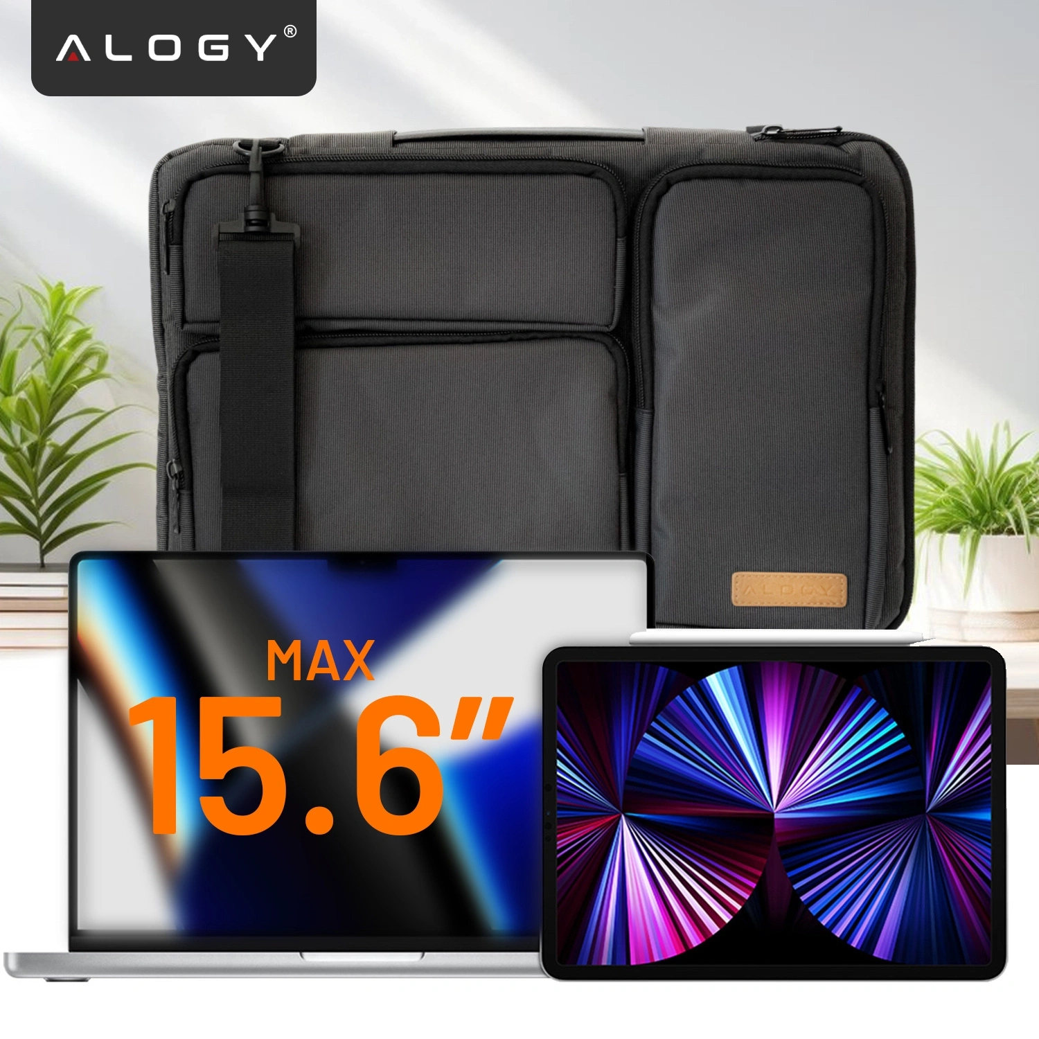 Czarna torba na laptopa z kilkoma kieszeniami i paskiem na ramię, z logo \'ALOGY\'. Przed torbą widoczne są dwa urządzenia elektroniczne, z napisem \'MAX 15.6\