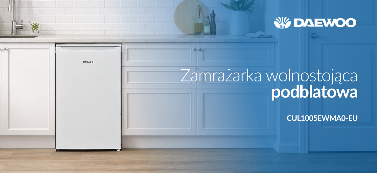 ZAMRAŻARKA DAEWOO CUL1005EWMA0-EU Zamrażarka podblatowa Daewoo ustawiona w zabudowie kuchennej. Grafika prezentuje kompaktową konstrukcję urządzenia