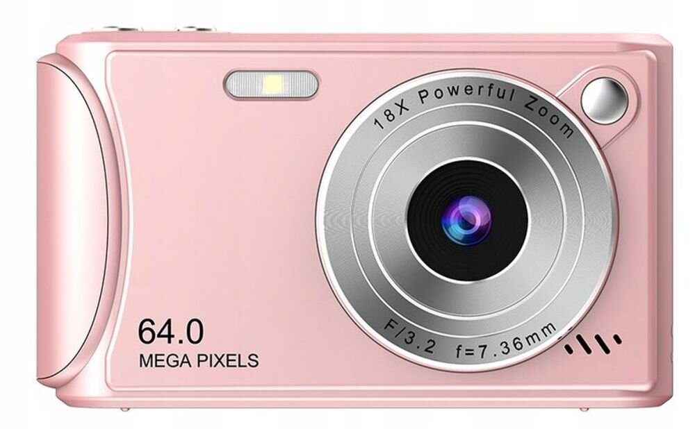 Różowy aparat fotograficzny z obiektywem oznaczonym jako \'18X Powerful Zoom\'. Na obudowie widnieje napis \'64.0 MEGA PIXELS\'.