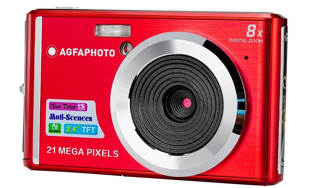 Czerwony aparat fotograficzny z logo AGFAPHOTO, posiadający obiektyw i lampę błyskową. Na obudowie widoczne są napisy: \'21 MEGA PIXELS\', \'8x DIGITAL ZOOM\', oraz naklejki z informacjami o funkcjach, takich jak \'Face Detect\', \'Multi-Scenes\', \'2.4\