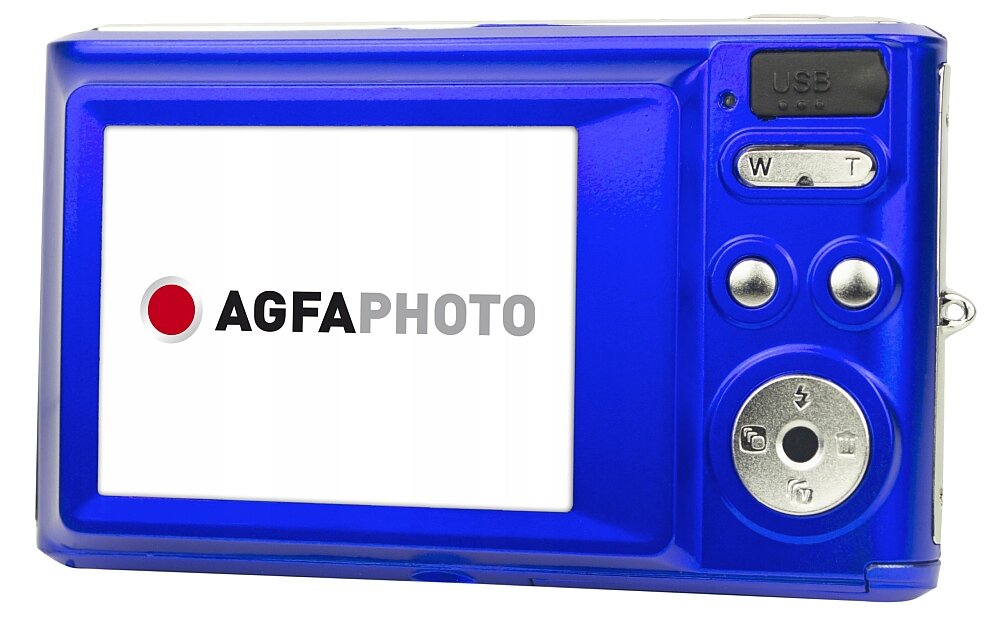 Tył niebieskiego aparatu fotograficznego z wyświetlaczem i przyciskami. Na ekranie widoczne jest logo \'AGFAPHOTO\'.