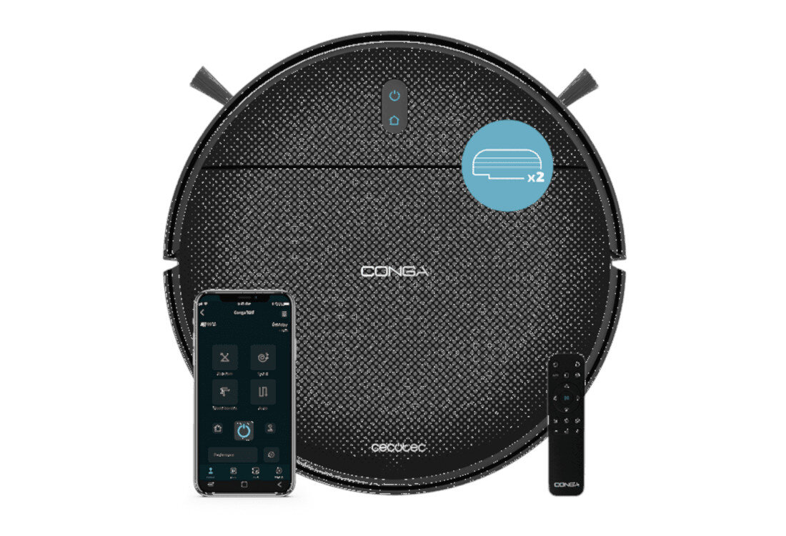 Na obrazie widoczny jest okrągły robot sprzątający z napisem \'CONGA\' oraz logo \'CECOTEC\'. Obok robota znajduje się smartfon z aplikacją oraz pilot zdalnego sterowania.