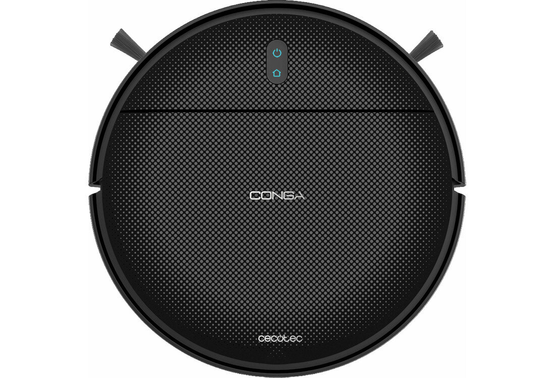 Czarny, okrągły robot sprzątający z widocznymi dwoma przyciskami na górze. Na powierzchni znajduje się tekst: \'CONGA\' oraz \'cecotec\'.