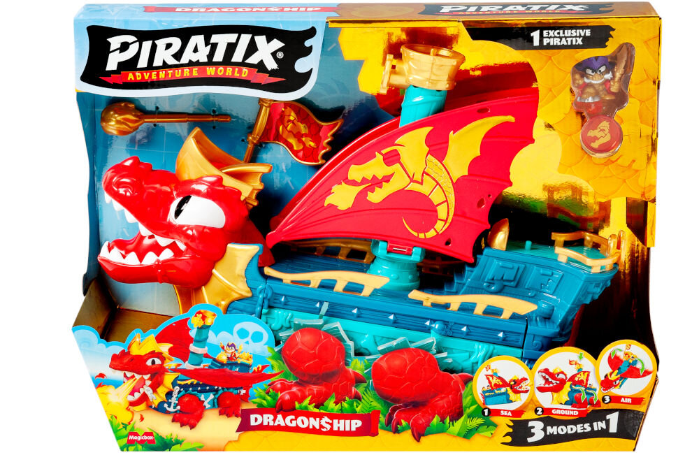 Opakowanie zestawu figurek PIRATIX Adventure World z modelem statku smoka w kolorach czerwonym i niebieskim. Widoczne napisy: \'PIRATIX Adventure World\', \'DRAGONSHIP\', \'3 MODES IN 1\'.