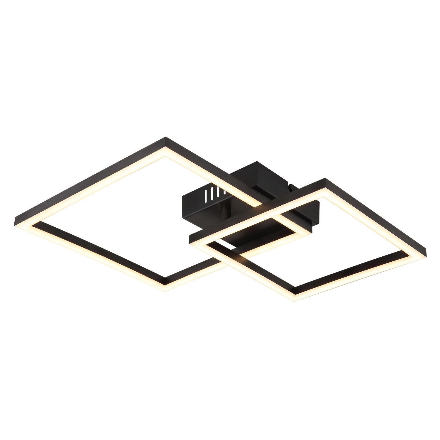 Lampa sufitowa LED o nowoczesnym designie, składająca się z dwóch przecinających się kwadratowych ram z czarnymi krawędziami i jasnym wnętrzem. Elementy świetlne są zintegrowane w ramy, tworząc efektowne oświetlenie.