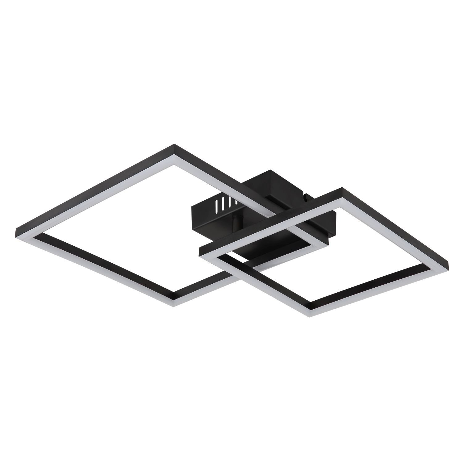 Lampa sufitowa LED o nowoczesnym designie, składająca się z dwóch nakładających się kwadratowych ram w kolorze czarnym. Centralna część lampy jest prostokątna i również w kolorze czarnym.
