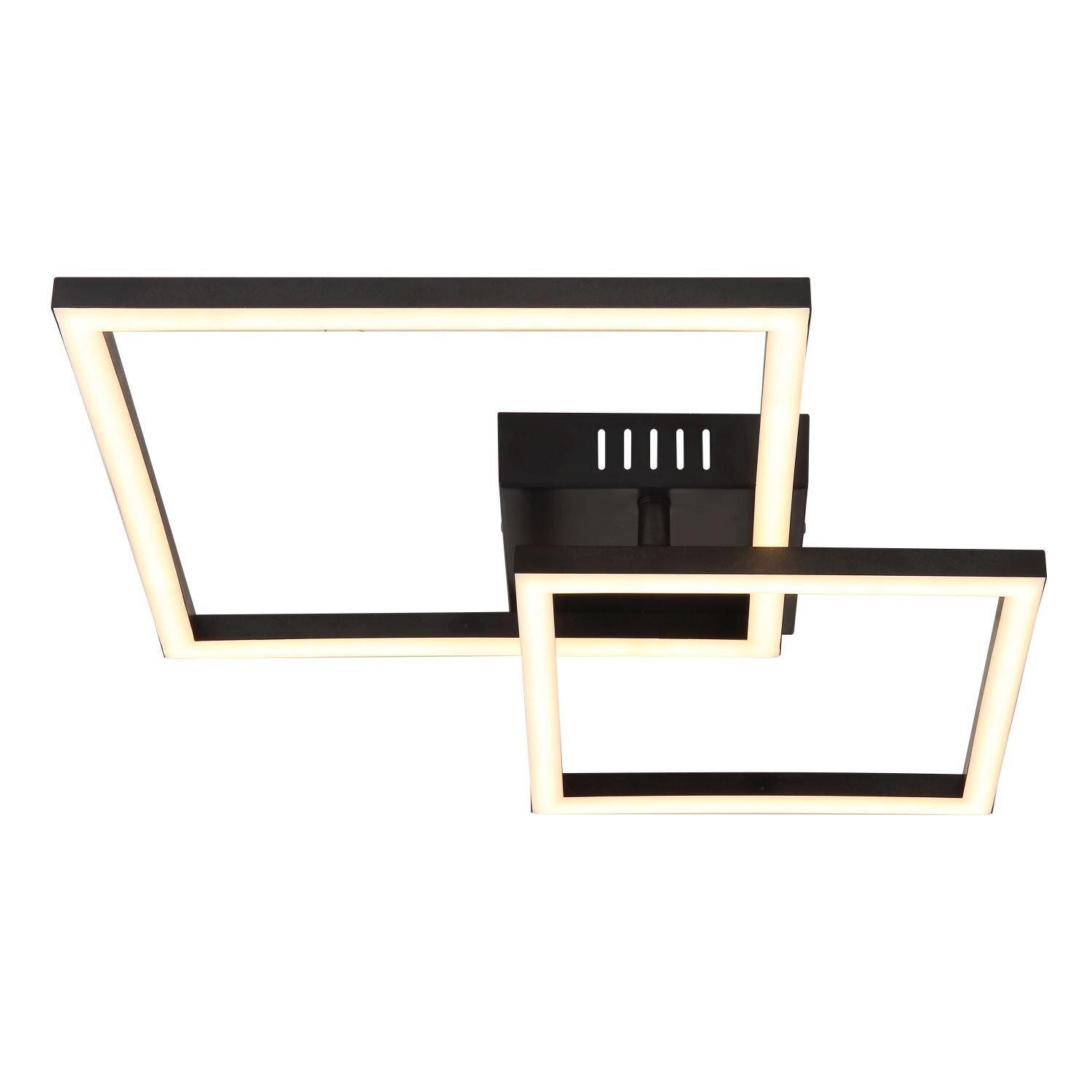 Lampa sufitowa LED o nowoczesnym designie, składająca się z dwóch prostokątnych ram oświetleniowych. Ramy są czarne z jasnym, świecącym wnętrzem.