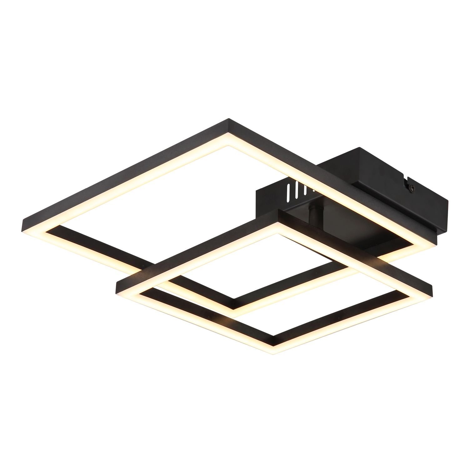 Lampa sufitowa LED o nowoczesnym designie, składająca się z dwóch kwadratowych ram z wbudowanym oświetleniem. Konstrukcja jest w kolorze czarnym z jasnym światłem emitowanym przez ramy.