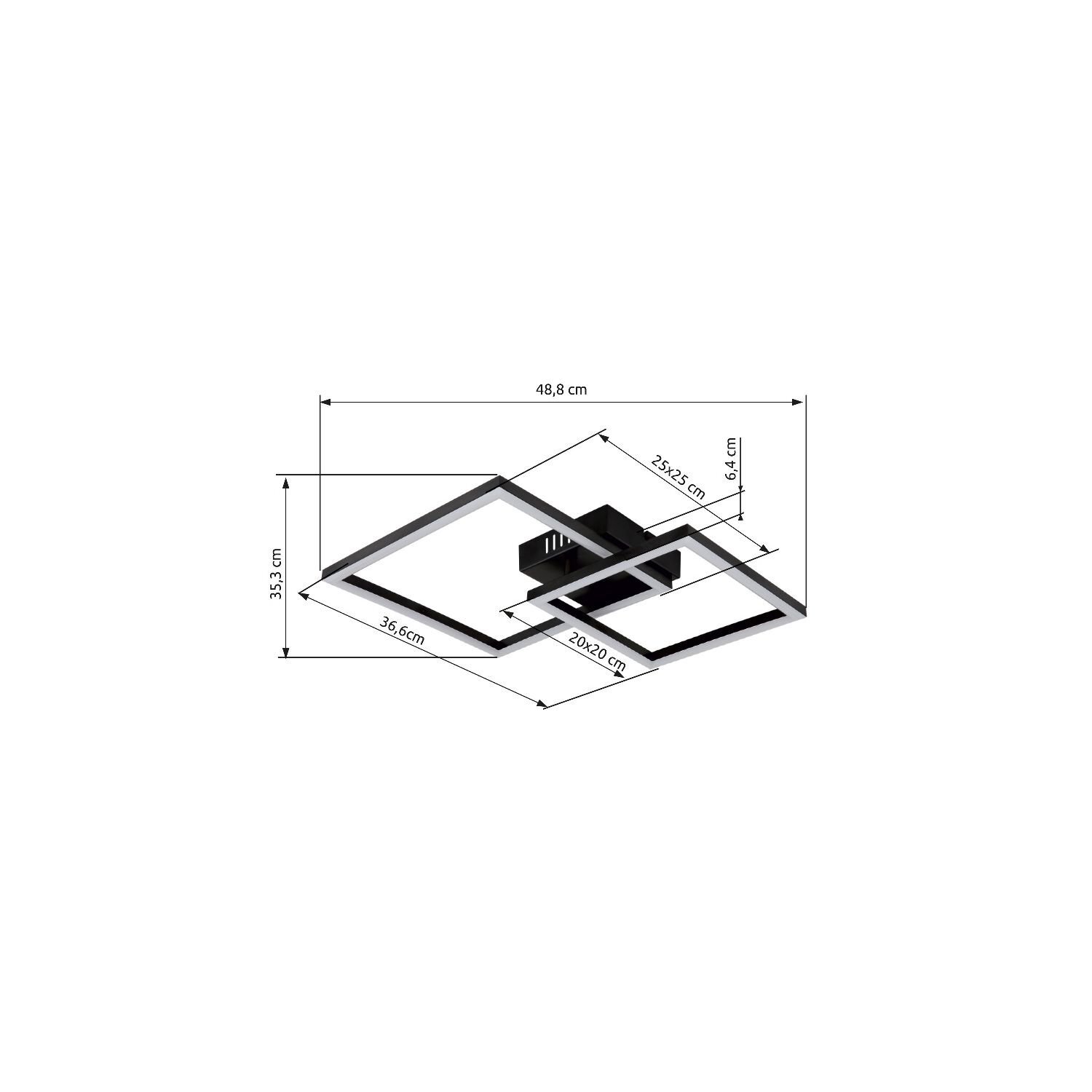 Obraz przedstawia schemat lampy sufitowej LED z wymiarami: 48,8 cm, 36,6 cm, 35,3 cm, 25x25 cm, 20x20 cm i 6,4 cm. Lampa ma geometryczny kształt z prostokątnymi elementami.