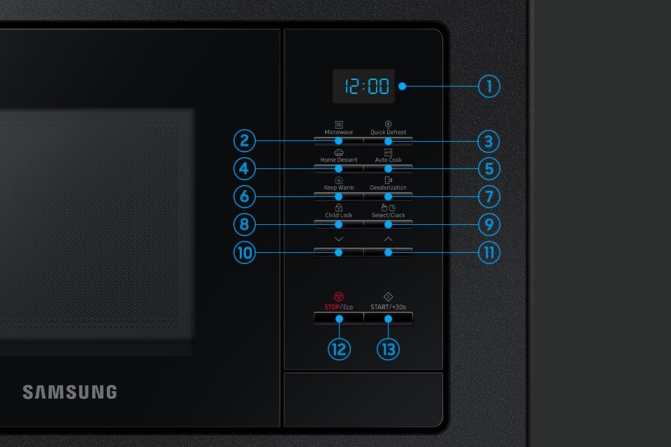 Panel sterowania kuchenki mikrofalowej z wyświetlaczem pokazującym godzinę 12:00 oraz przyciskami oznaczonymi funkcjami takimi jak Microwave, Quick Defrost, Home Dessert, Auto Cook, Keep Warm, Deodorization, Child Lock, Select/Clock, STOP/Eco i START/+30s. Logo SAMSUNG znajduje się na obudowie urządzenia.