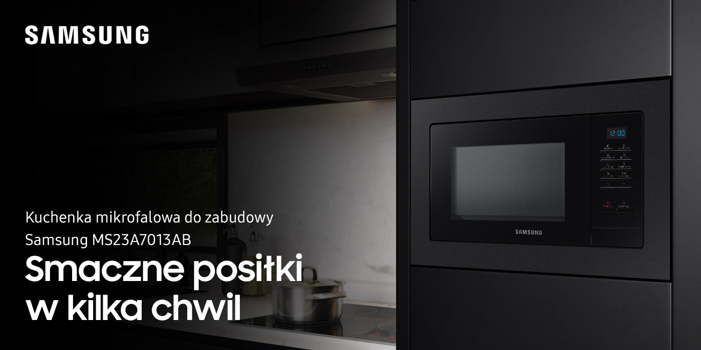 Czarna kuchenka mikrofalowa Samsung MS23A7013AB/EO w zabudowie, z widocznym panelem sterowania. Tekst na obrazie: \'Kuchenka mikrofalowa do zabudowy Samsung MS23A7013AB Smaczne posiłki w kilka chwil\'.