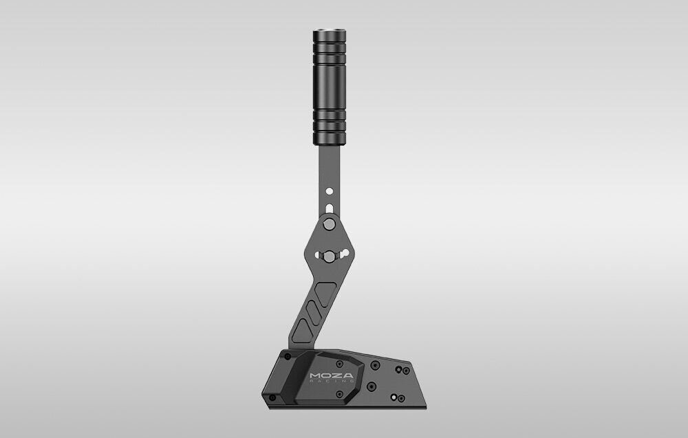Czarny hamulec ręczny z metalową konstrukcją i ergonomicznym uchwytem. Na podstawie widoczne jest logo \'MOZA\'.