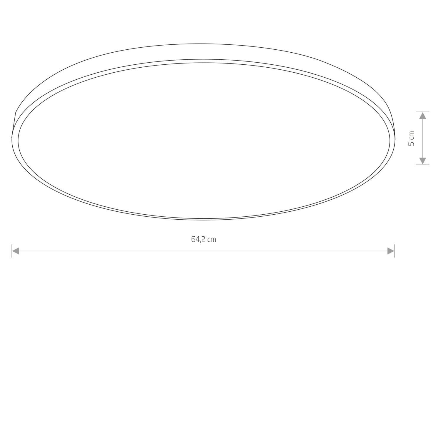 Schematyczny rysunek okrągłego plafonu LED o średnicy 64,2 cm i wysokości 5 cm.