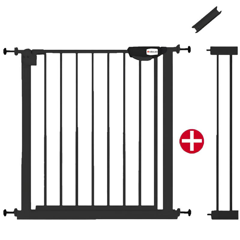 Czarna bramka zabezpieczająca z logo \'HÖGLER\', składająca się z pionowych prętów i elementów montażowych. Obok bramki widoczny jest dodatkowy element oraz czerwony symbol plusa.
