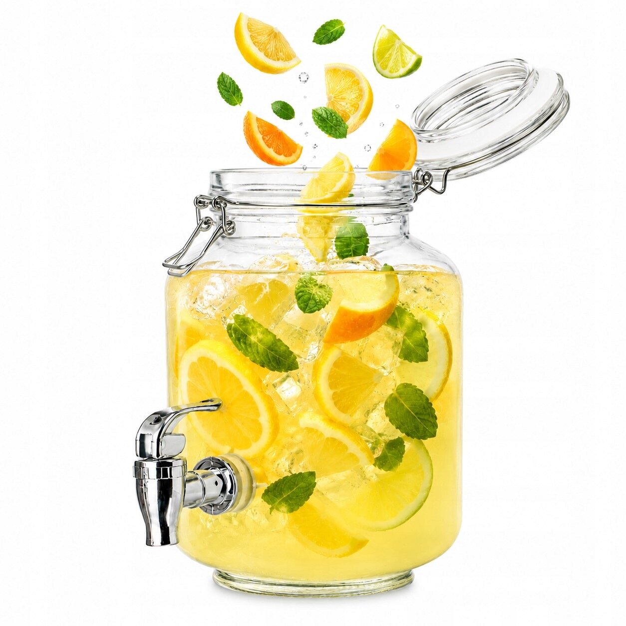 Szklany słoik z klipsem i kranikiem, wypełniony lemoniadą z plasterkami cytryny, limonki i liśćmi mięty. Pokrywka słoika jest otwarta, a nad nim unoszą się kawałki owoców i liście mięty.