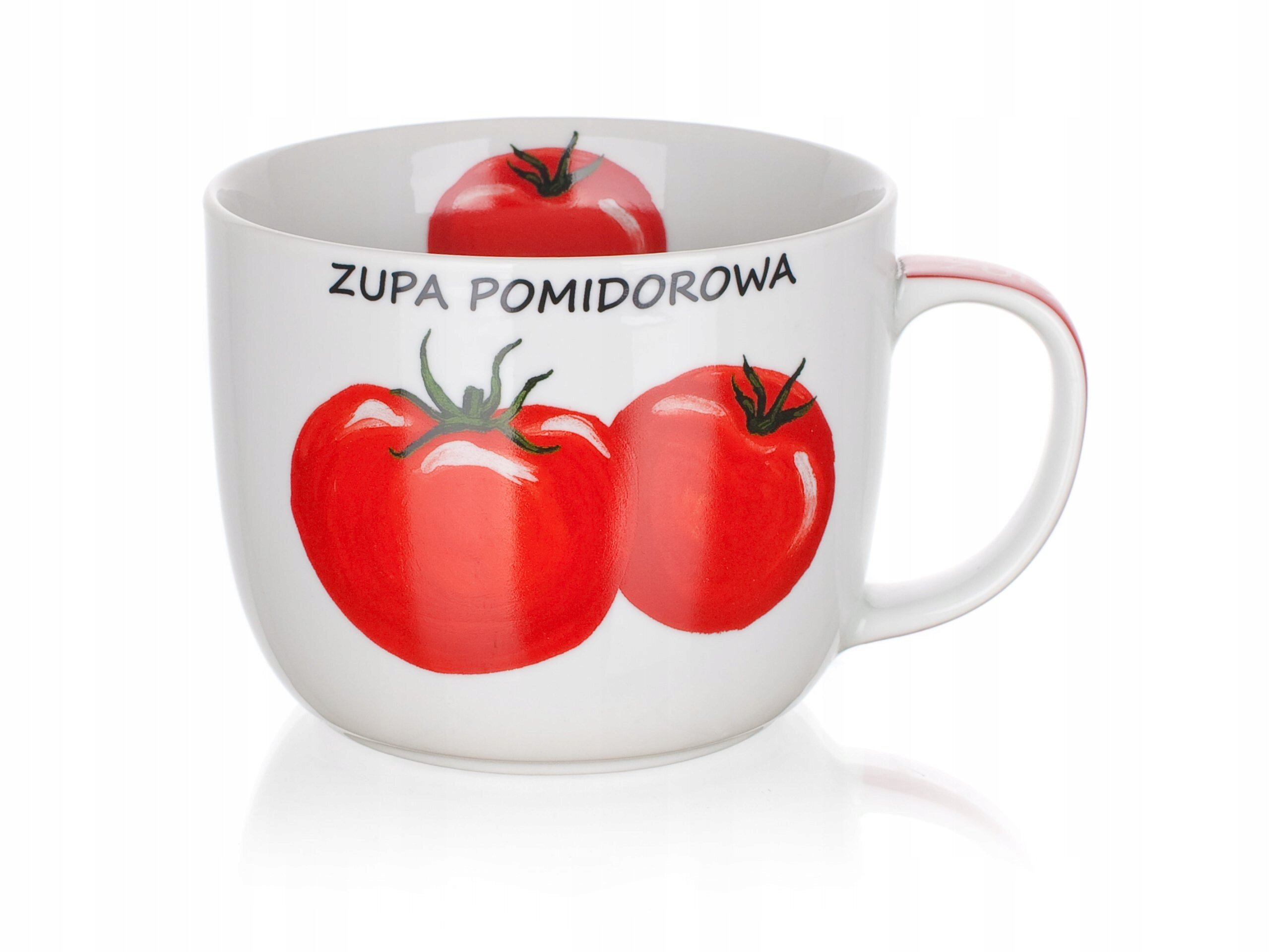 Biały kubek z uchwytem, ozdobiony grafiką dwóch czerwonych pomidorów i napisem \'ZUPA POMIDOROWA\'.