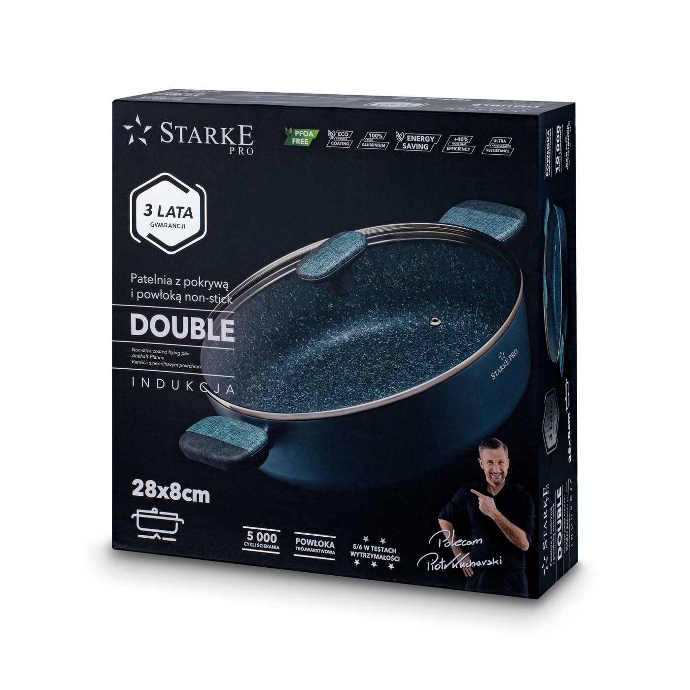 Opakowanie produktu z patelnią o średnicy 28 cm, z pokrywką i powłoką non-stick, przeznaczoną do indukcji. Na opakowaniu widoczne są napisy: \'Starke Pro\', \'3 lata gwarancji\', \'PFOA Free\', \'28x8cm\', oraz wizerunek osoby wskazującej na produkt.