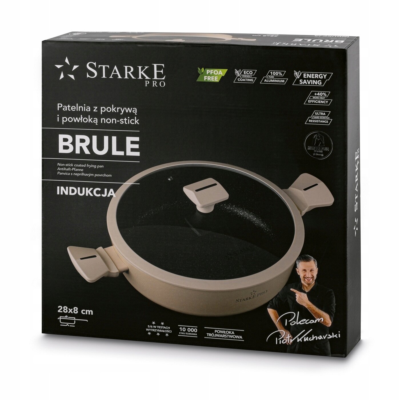 Opakowanie patelni z pokrywą i powłoką non-stick marki Starke Pro, model Brule, przeznaczonej do indukcji. Na opakowaniu widoczne są informacje o cechach produktu, takie jak PFOA free, eco coating, energy saving oraz podpis Piotra Kucharskiego.